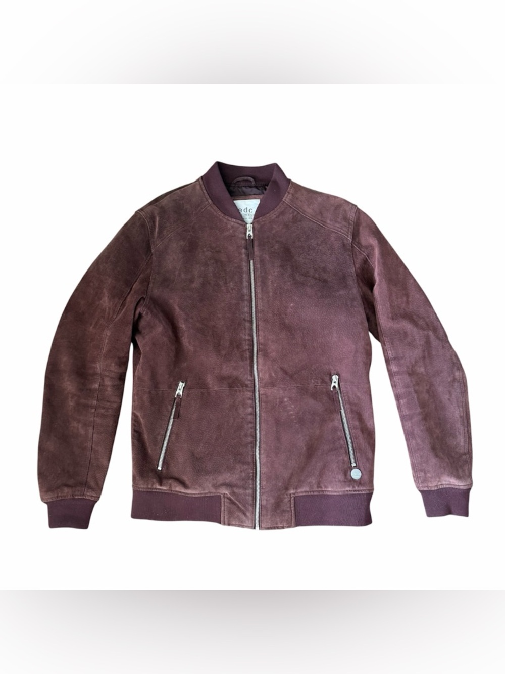 EDC Esprit Suede Bomber Jacket Brown Leather Zip Minimalist Size M